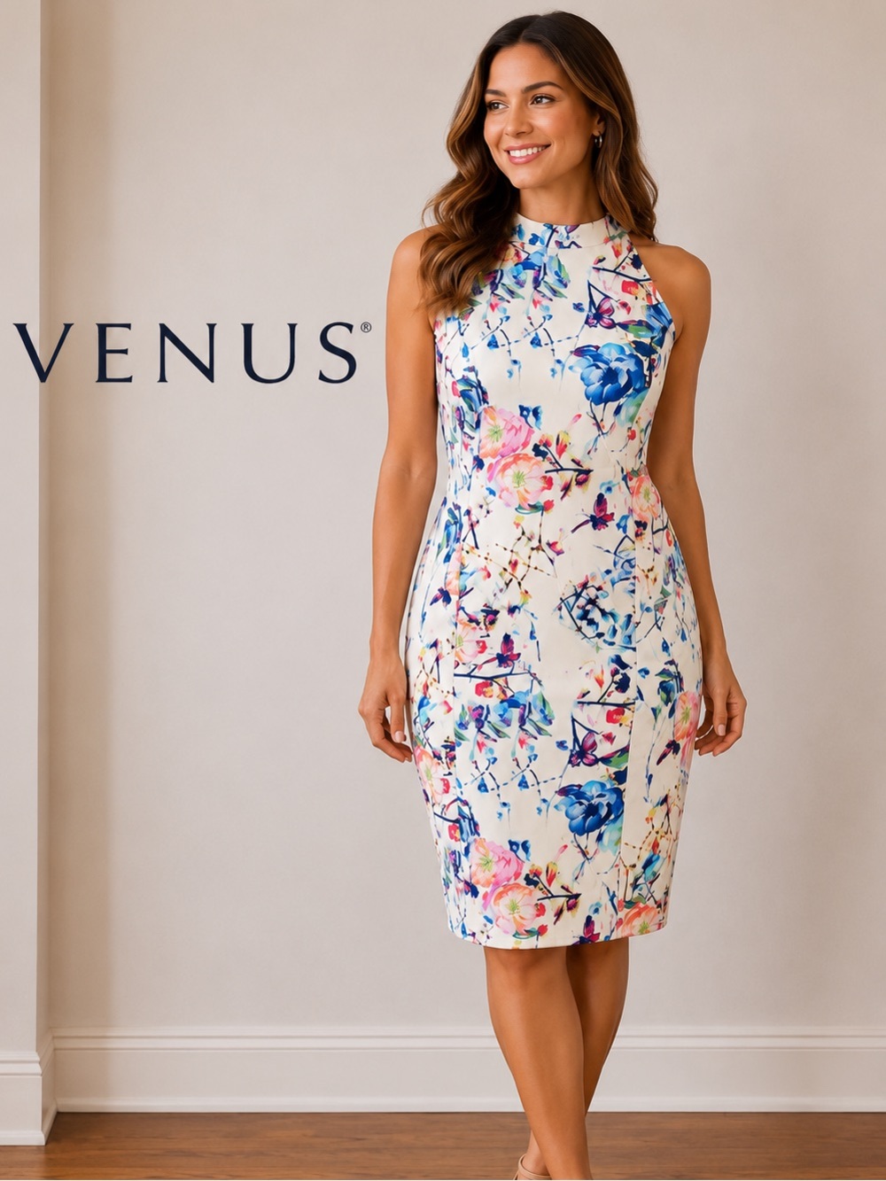 VENUS Floral Halter Sheath Dress White Multicolor Print Size Medium